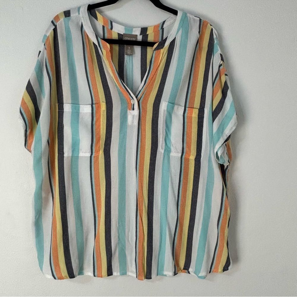 Chico’s Multicolor Striped Womens 3 Top Cap Sleeve Boho Lagenlook Coastal Beachy